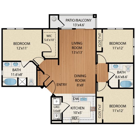 Floor plan for 3 beds, 2 baths, 1381 sqft